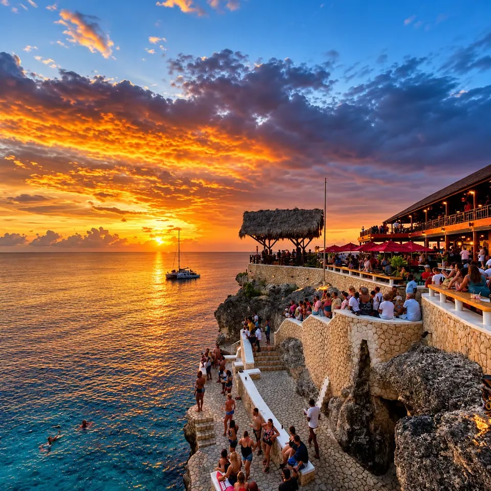 Pôr do sol sobre o mar visto das falésias do Rick's Café, em Negril