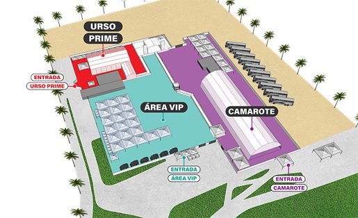 Mapa do evento: Urso Prime e sua entrada à esquerda, Área VIP ao centro e Camarote à direita, cada setor com entrada própria.