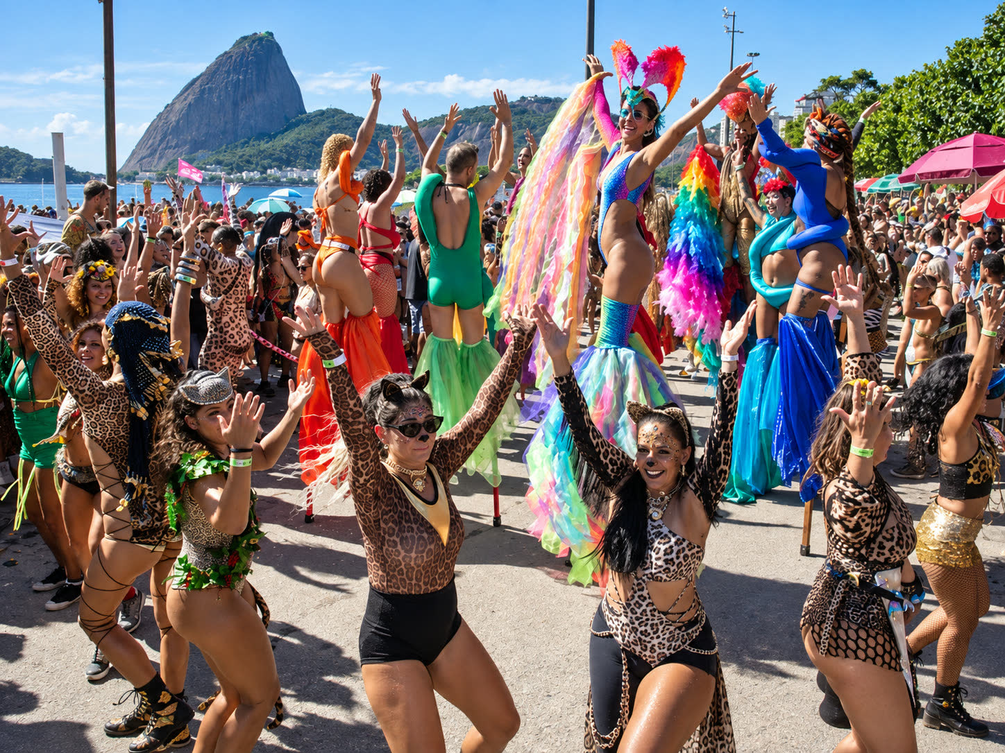 Foliões com fantasias coloridas e pernas de pau dançando perto da praia