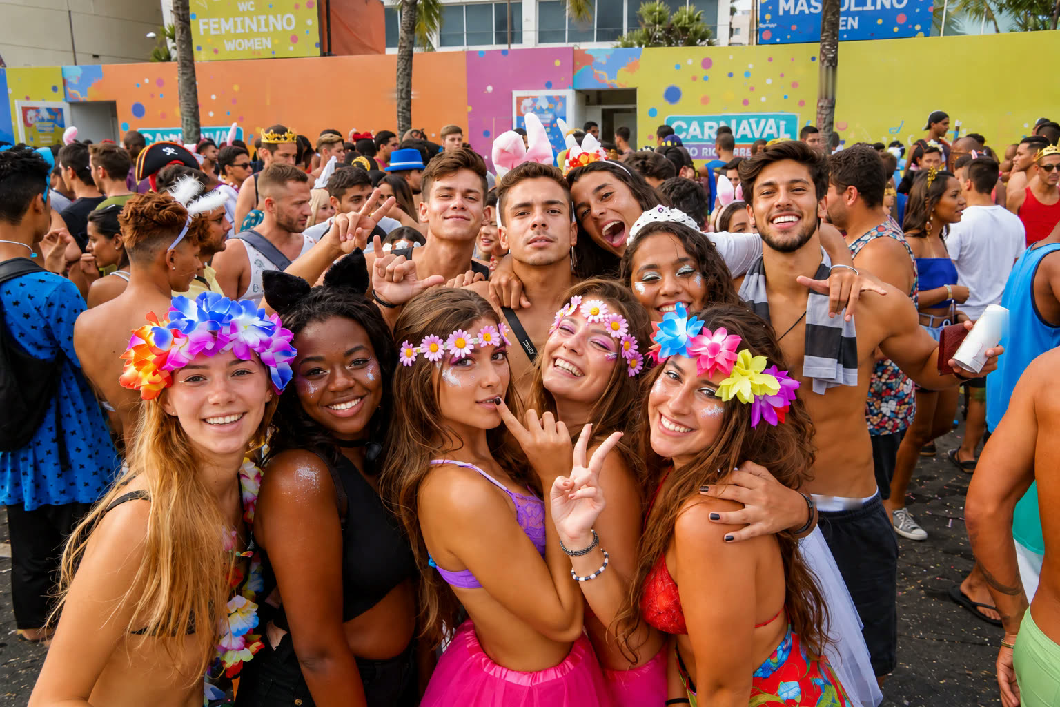 Grupo de amigos fantasiados, com coroas de flores e glitter, posando num bloco de rua