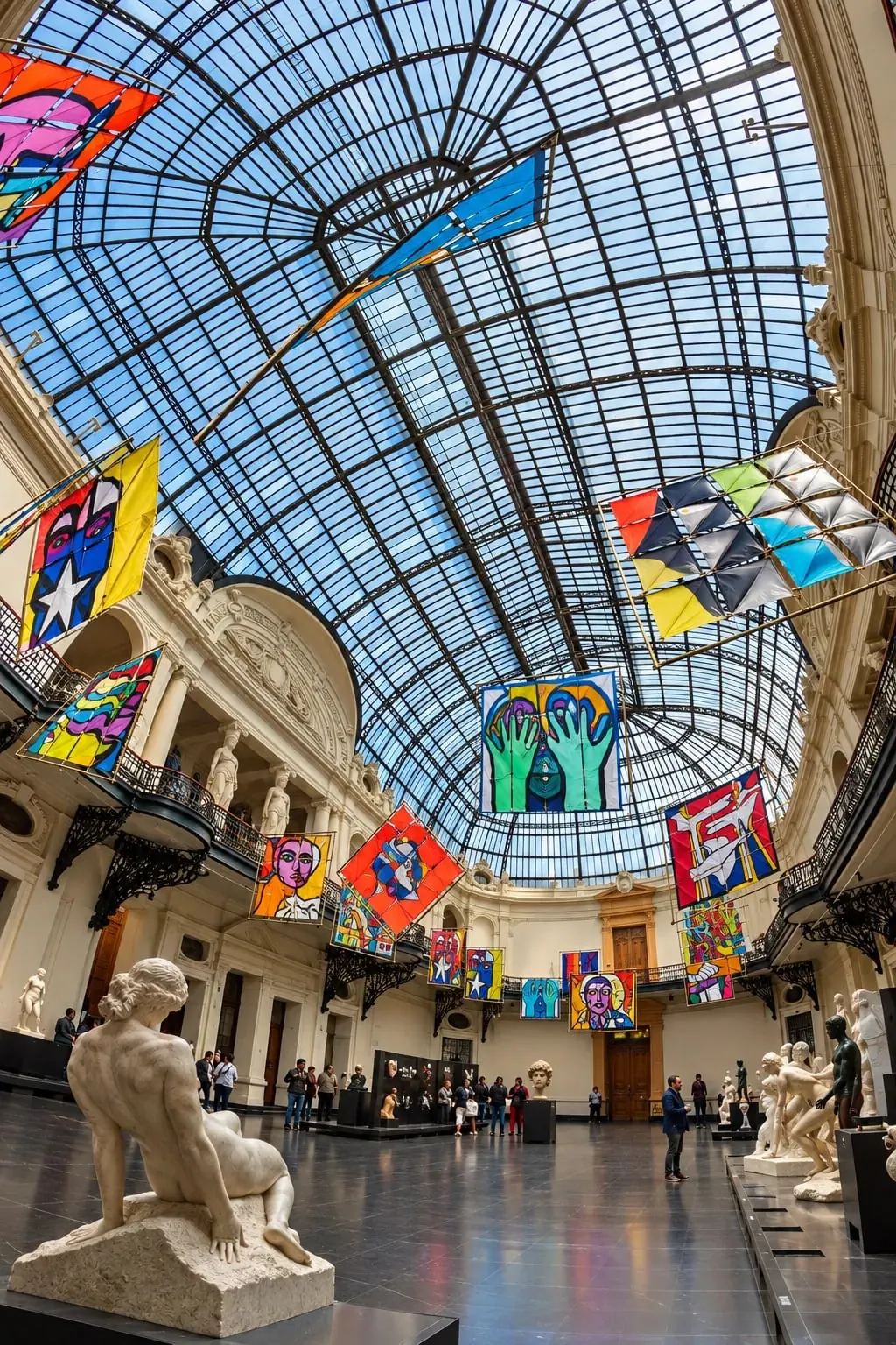 Salão principal do Museo Nacional de Bellas Artes, em Santiago, com cúpula de vidro, esculturas e obras coloridas suspensas