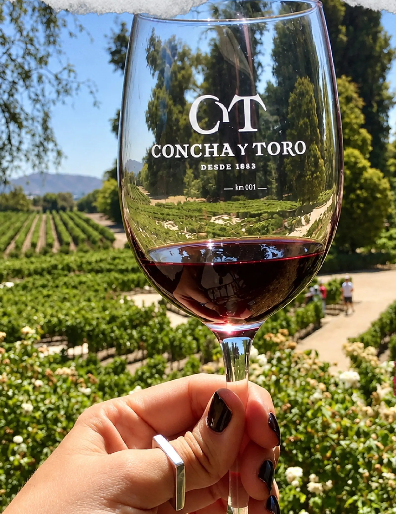 Taça de vinho tinto da Concha y Toro erguida diante dos vinhedos