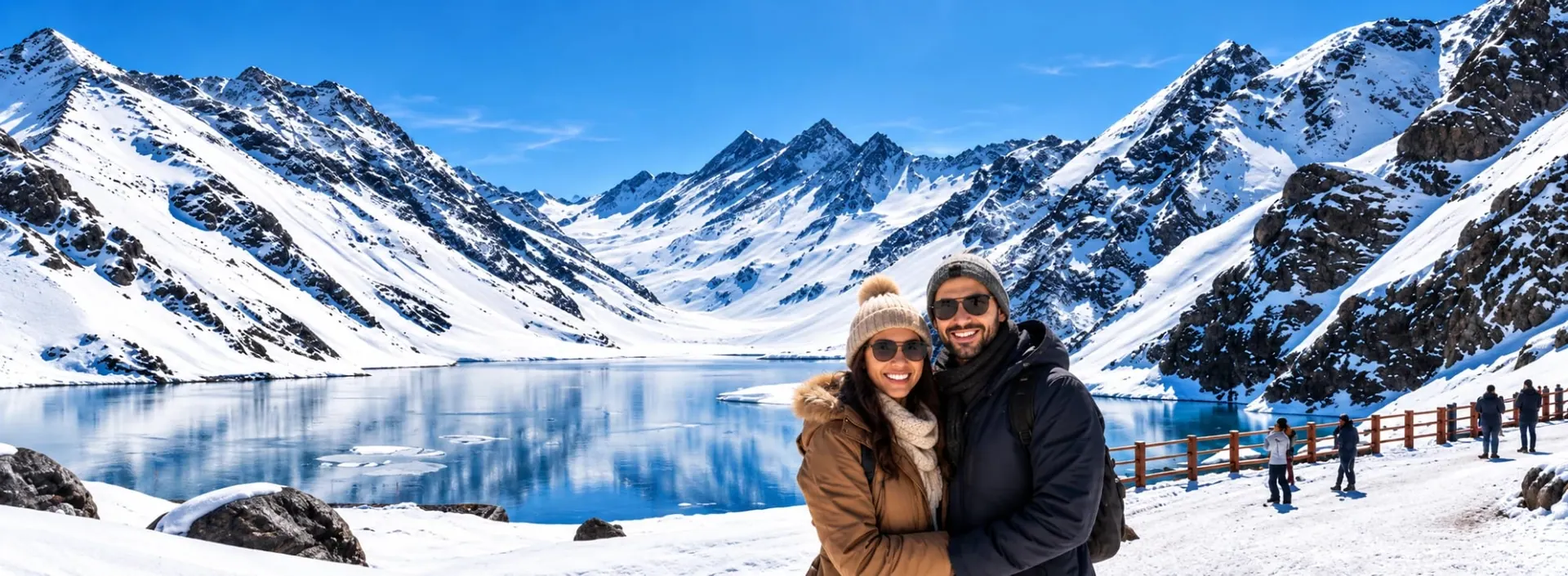 Casal sorridente com gorros de inverno diante de montanhas nevadas e de um lago congelado na Cordilheira dos Andes