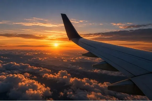 Asa de avião sobre as nuvens ao pôr do sol
