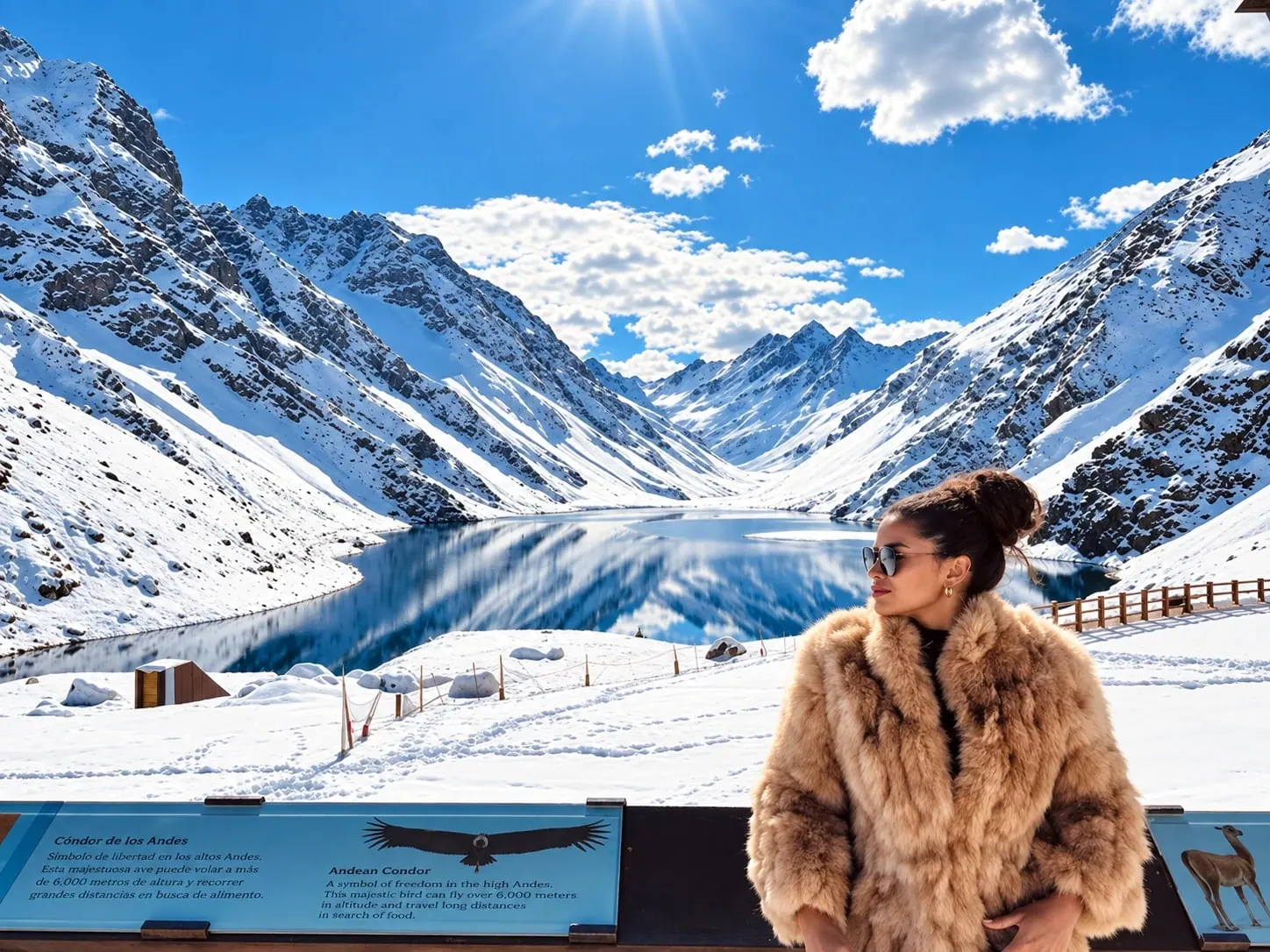 Viajante de casaco de pele em um mirante da Cordilheira dos Andes, diante de montanhas nevadas e de um lago